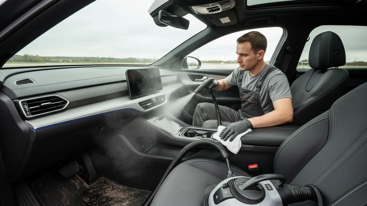 Tekniker damprenser bilsæde indvendigt med hånddampere og mikrofiberklud