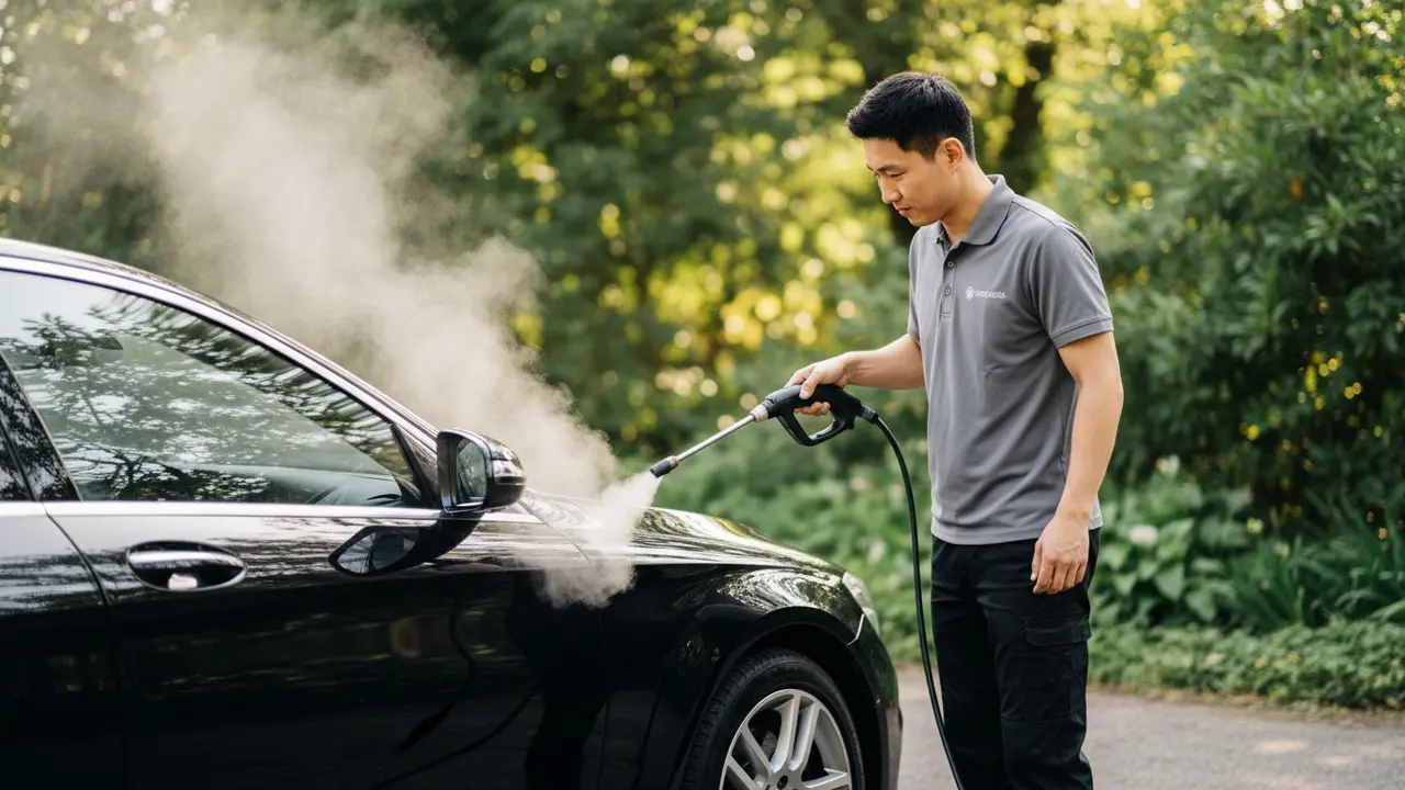 Professionel damprenser bilens yderside med synlig damp og grøn baggrund