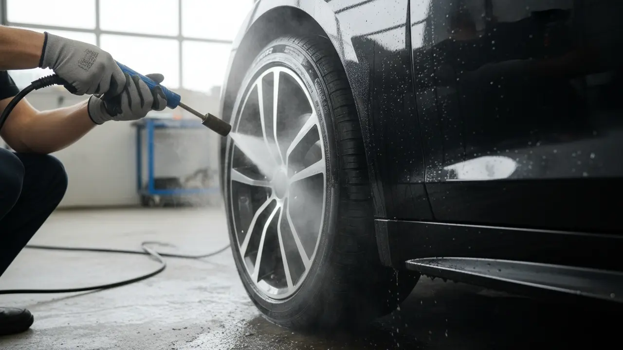 Damprens af fælg og skærm, damp fjerner tjære og snavs fra lak og fælg