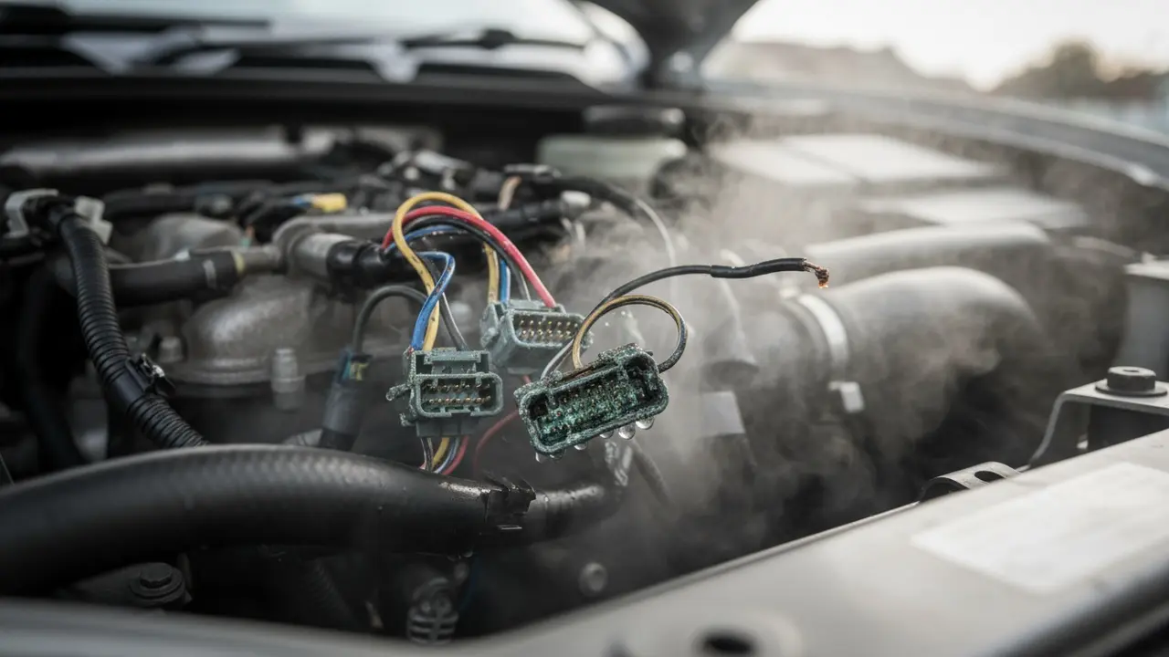 Motorrum med eksponerede elektriske samlinger og følsige ledninger, risikoområde ved damp