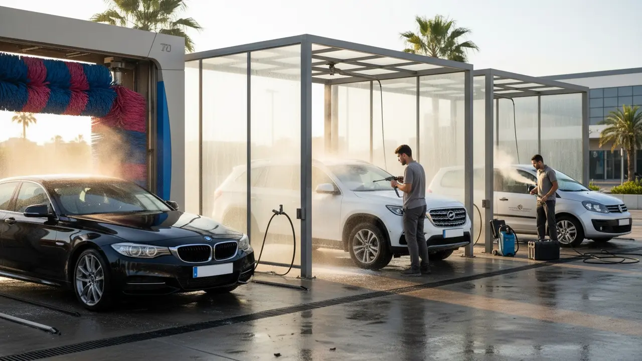 Oversigtsbillede af tre bilvaske: automatisk vask, vask-selv-bås og mobil steam-service