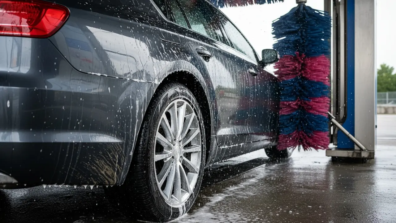 Nærbillede af bil i automatisk vaskehal med bløde børster og fokus på hjul og undervogn