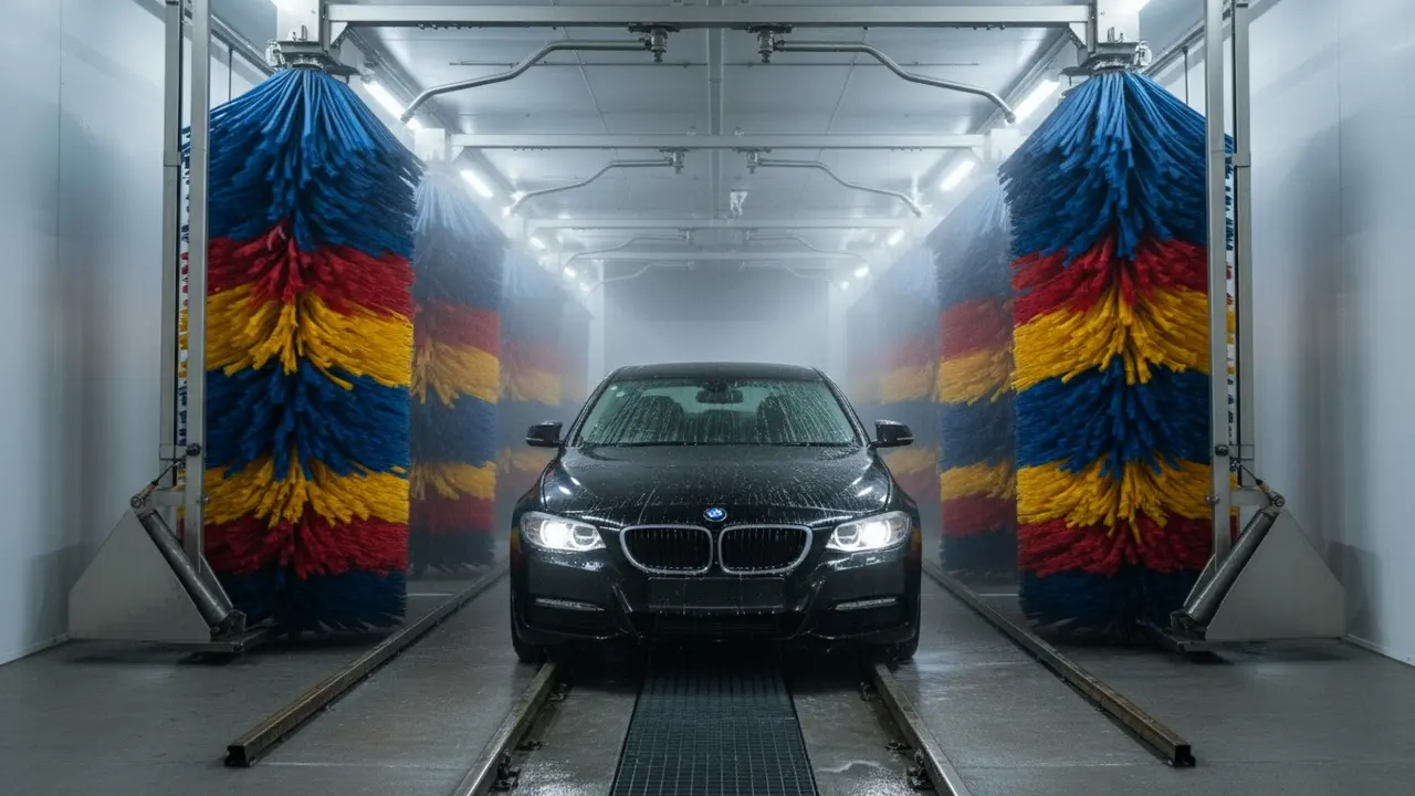 Moderne vasketunnel med bil på transportbånd, bløde børster og undervognsjets