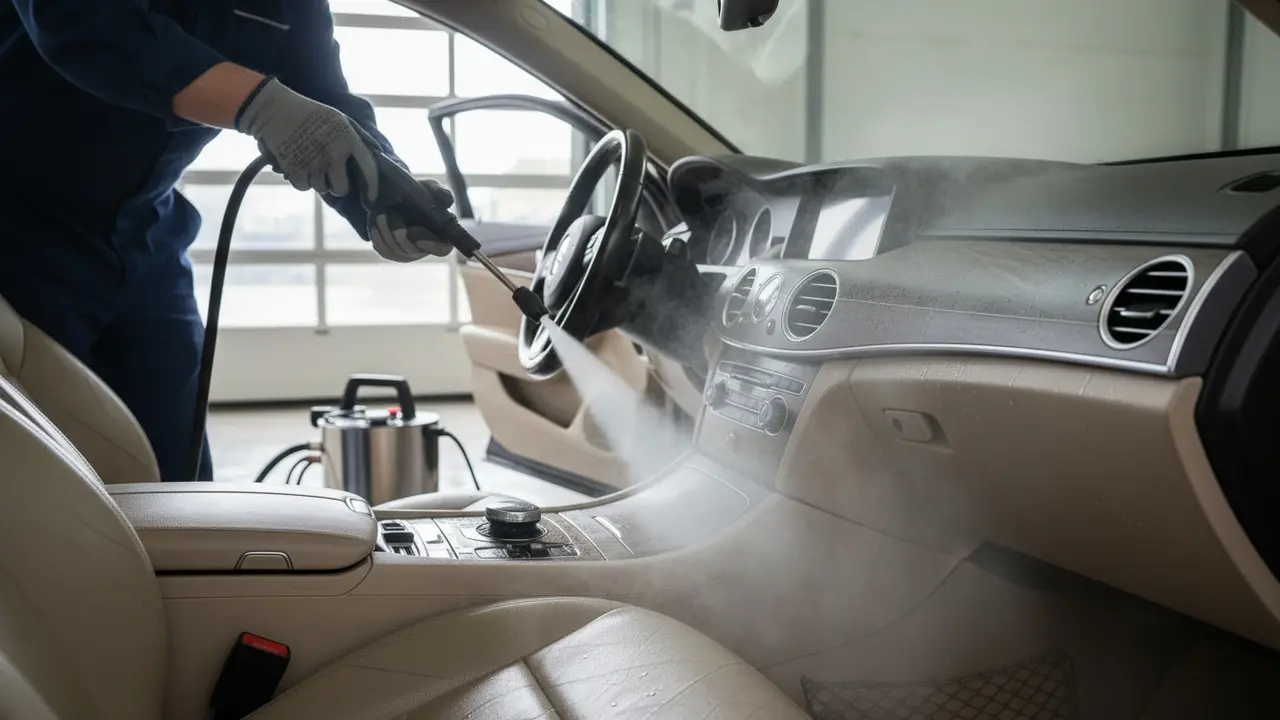 Tekniker damprenser bilens indre med håndholdt dyse, synlig damp og udstyr