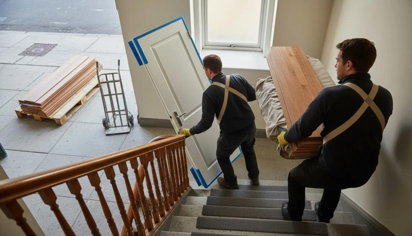 To flyttemænd bærer nyt massiv trægulv og en dør op ad en smal trappe til en øverste etage.