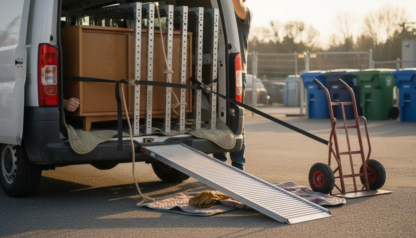 Åben varebil med et skab og tre reoler sikret med stropper, klar til kørsel til genbrugspladsen.