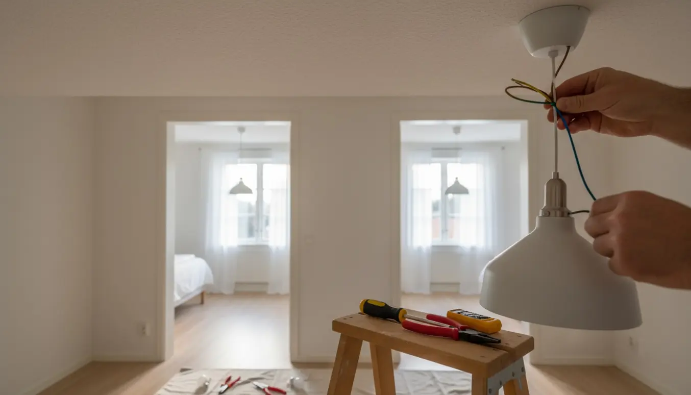 Hænder monterer en loftlampe i et lyst værelse med værktøj og to andre monterede lamper i baggrunden.