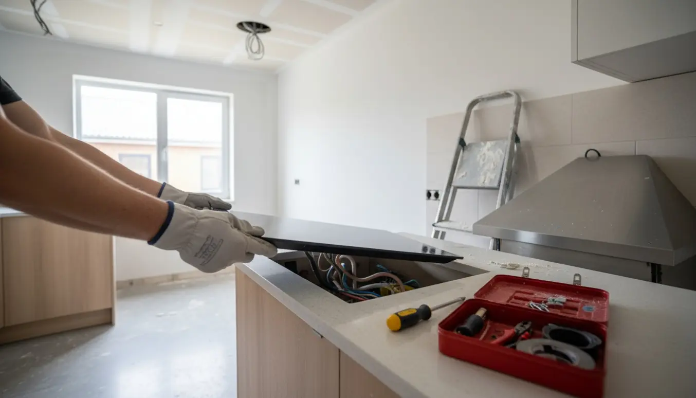 Hænder i isolerende handsker afmonterer kogeplade og emhætte i et køkken med værktøj og eksponerede ledninger.