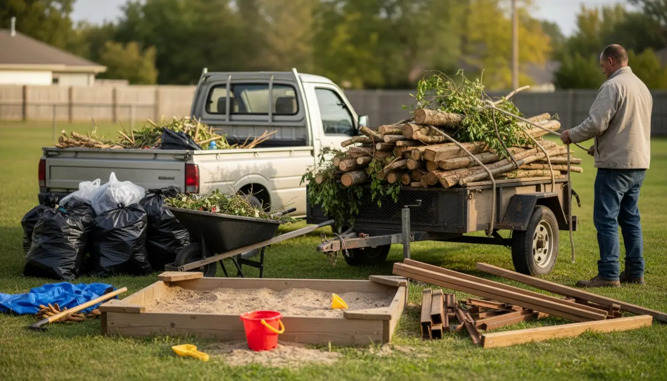 Baghave under oprydning med trailer fyldt med træ, bunker af affald, nedtaget gynge og sandkasse.