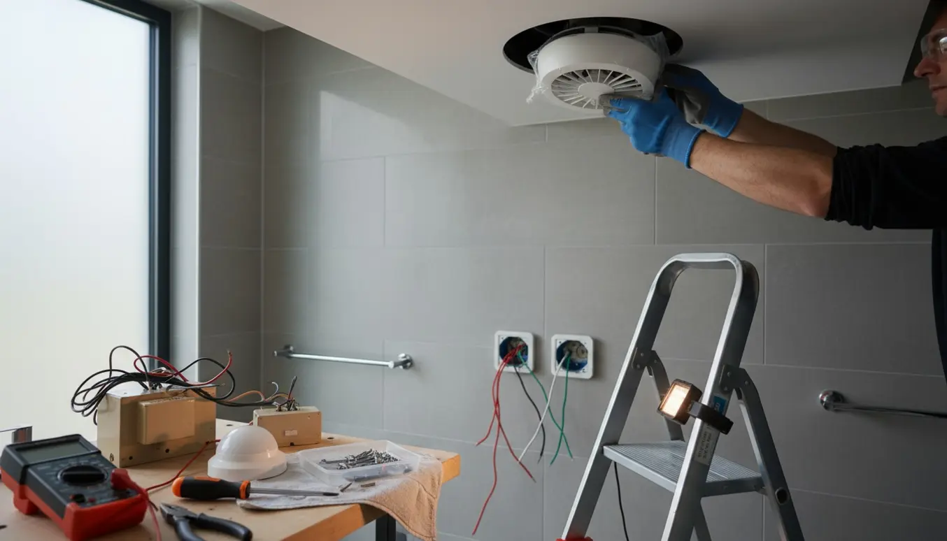 Hænder i arbejdshandsker monterer en vådrumsventilator og reparerer løse stikkontakter og dørklokke i et flisebadeværelse.