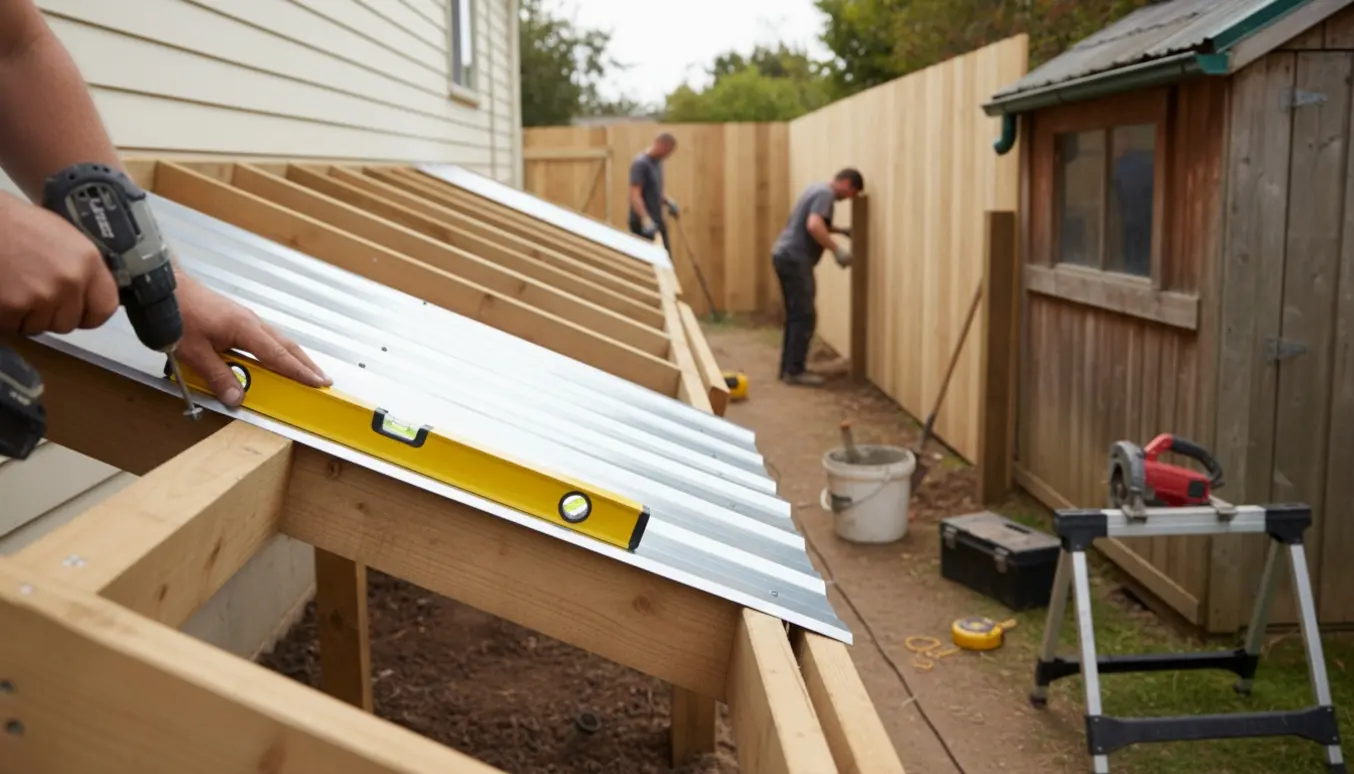 Hænder monterer trapez-plade til overdækning mellem hus og skur, mens nyt hegn er ved at blive sat op.