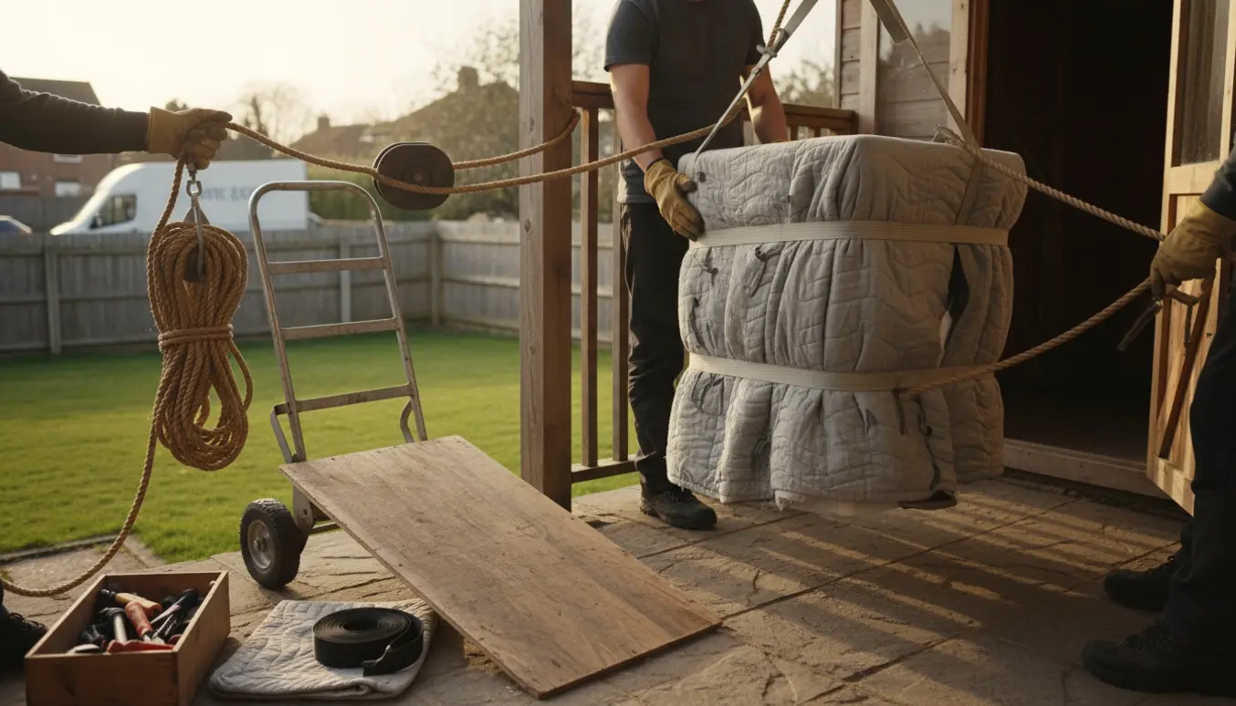 Vaskemaskine sænkes fra 2. sal til skuret i baghaven med stropper og trillebør.
