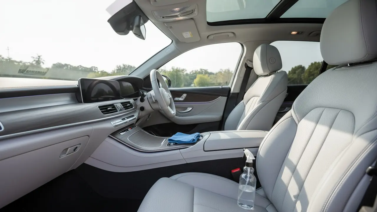 Oversigt af et pænt og rent bilinteriør med mikrofiberklud og sprayflaske på sædet.