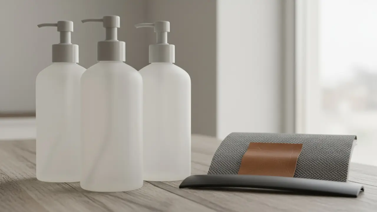 Nærbillede af rengøringsflasker ved siden af prøver af læder, stof og plast.
