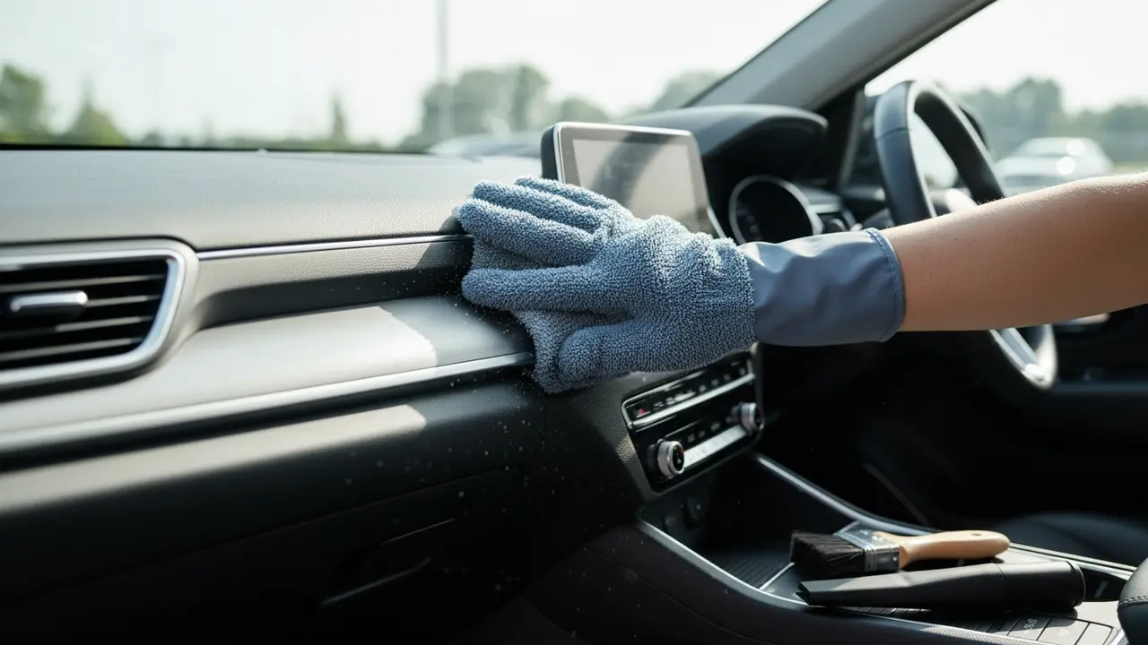 Hånd med mikrofiberhandske rengør bilens dashboard og ventilationsriste med blød børste.