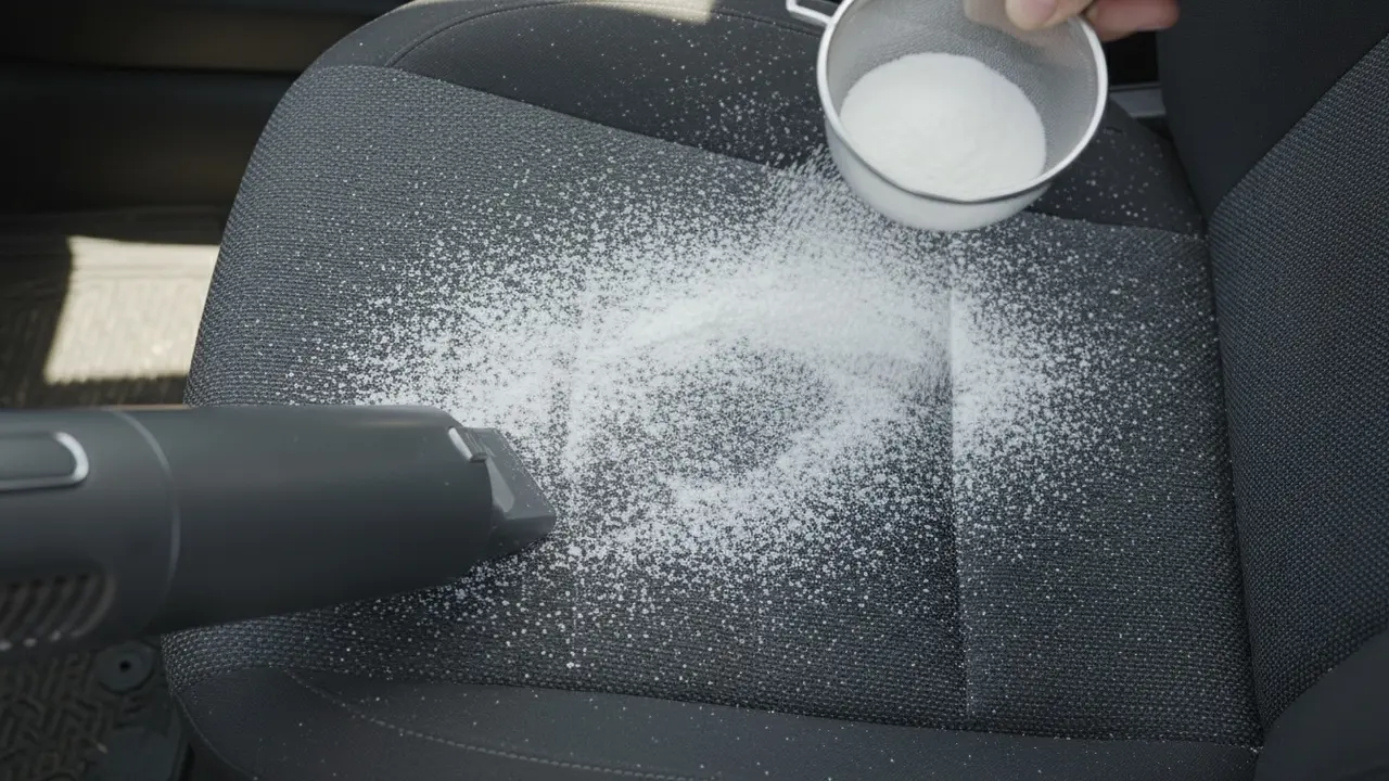Bagepulver drysses på bilsæde før støvsugning for at fjerne lugt.