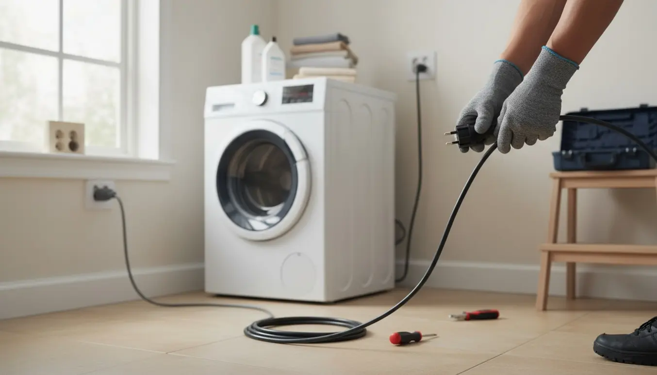 Tekniker tilslutter tørretumbler ved et vægstik ved siden af en allerede tilsluttet vaskemaskine med ekstra ledning og værktøj i nærheden.