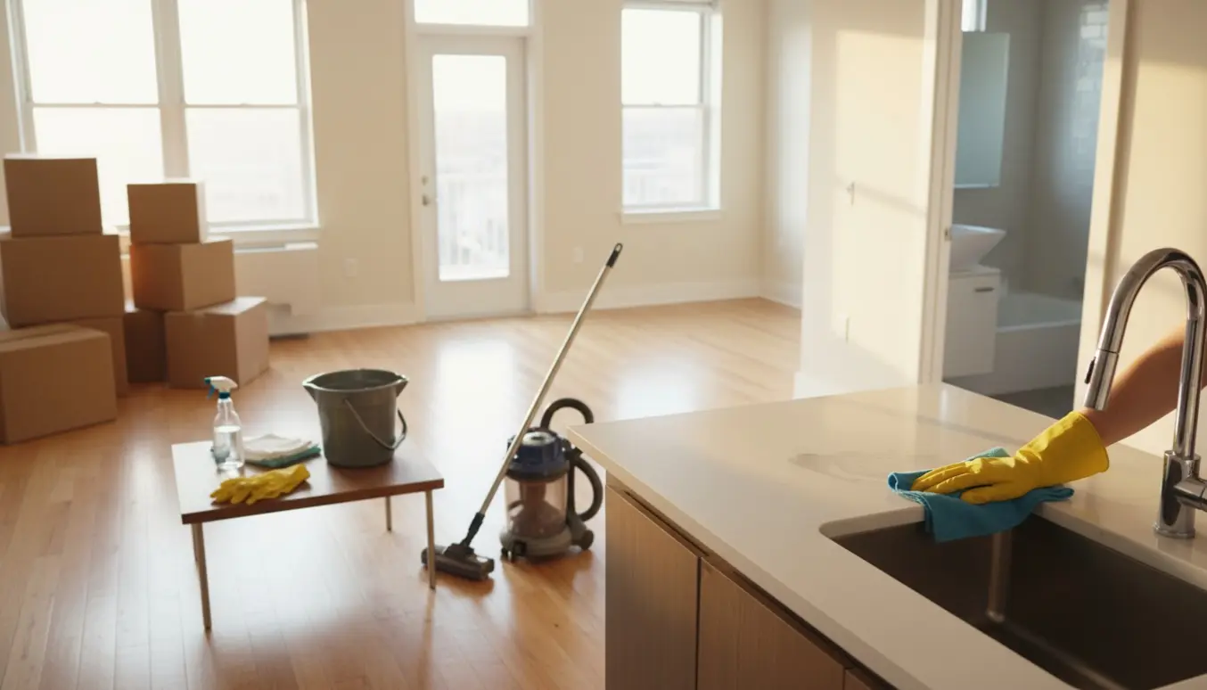Tom toværelses lejlighed under flytterengøring med en rengører i handsker, klud på køkkenbordet og rengøringsudstyr i naturligt lys.