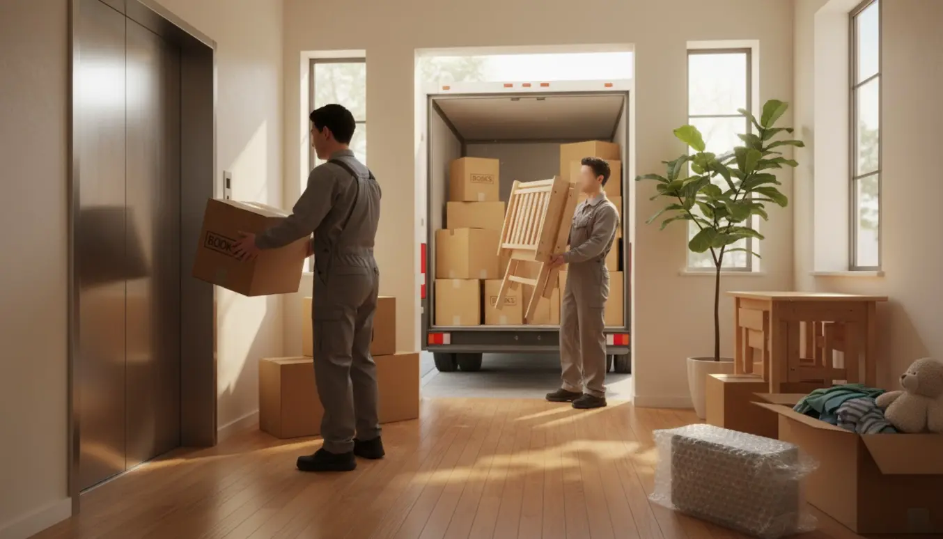 Flyttefolk læsser flyttekasser, madras og børneseng ved en lejlighedselevator med åben flyttebil udenfor.