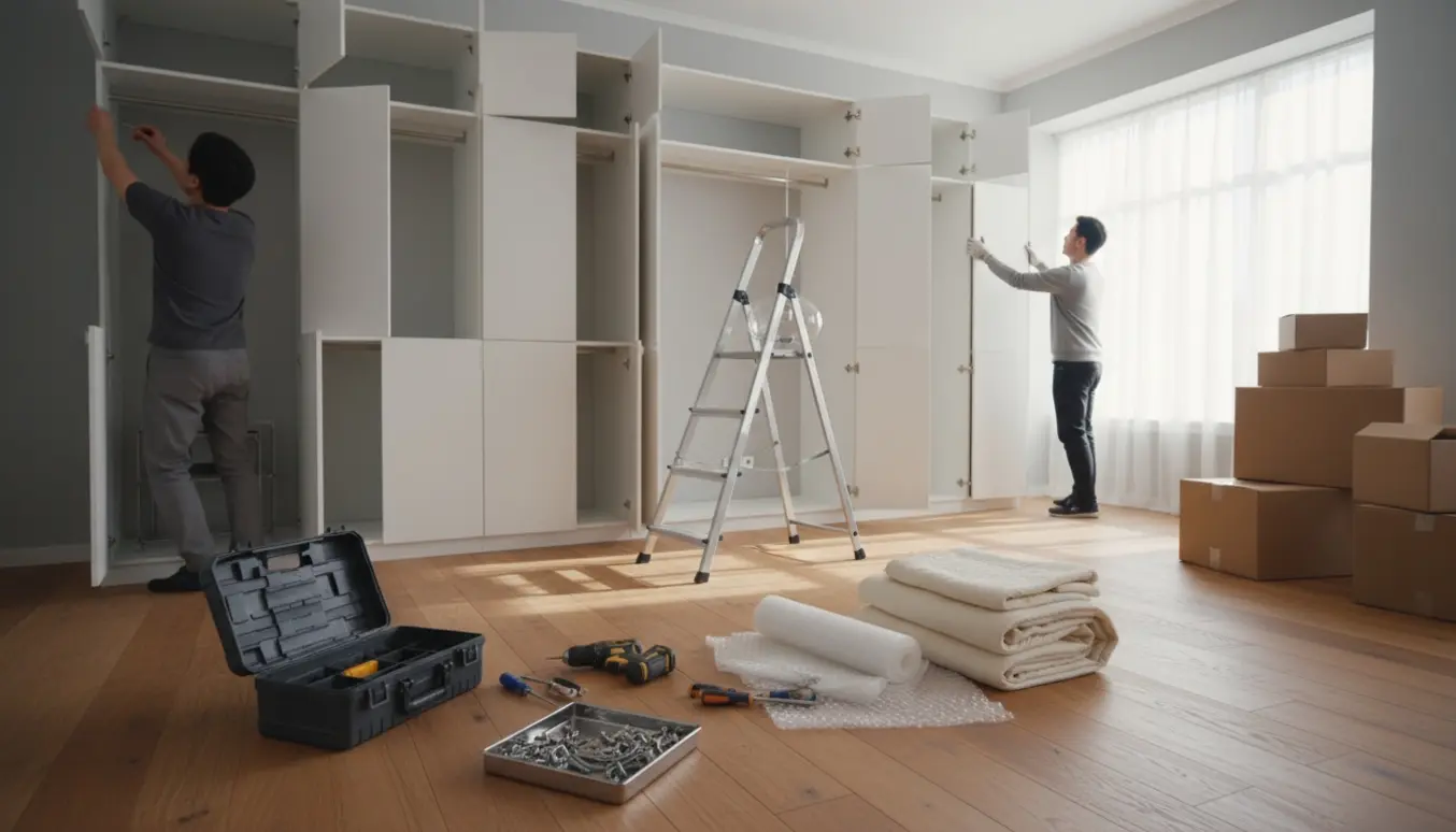 Værktøj og delvist afmonterede skabe i et lyst rum klar til flytning.