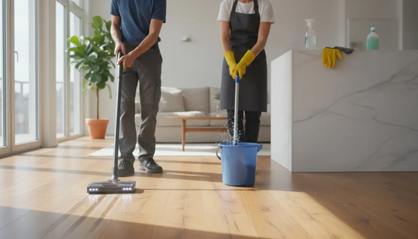 Rengøringsudstyr og hænder i handsker rengør en lys, moderne lejlighed uden synlige ansigter.