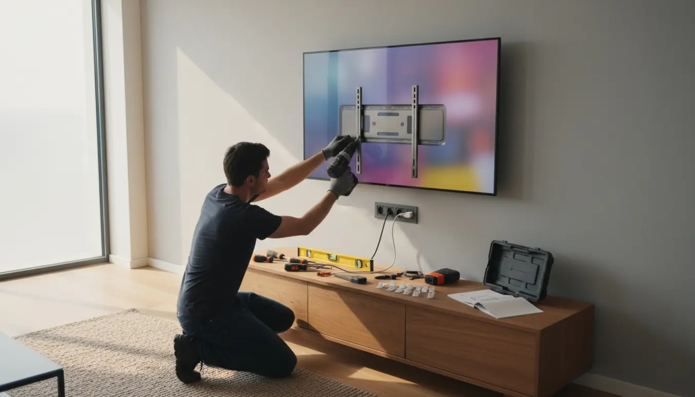 Hænder monterer et nyt smart-tv på en væg i en moderne stue med værktøj på et sidebord.