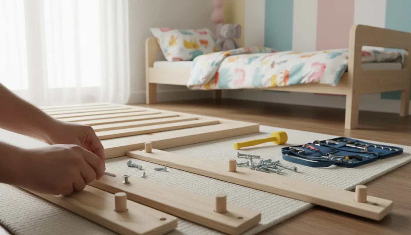Nærbillede af hænder, der samler to fladpakket børnesenge med unbrakonøgle og værktøj i et lyst børneværelse.