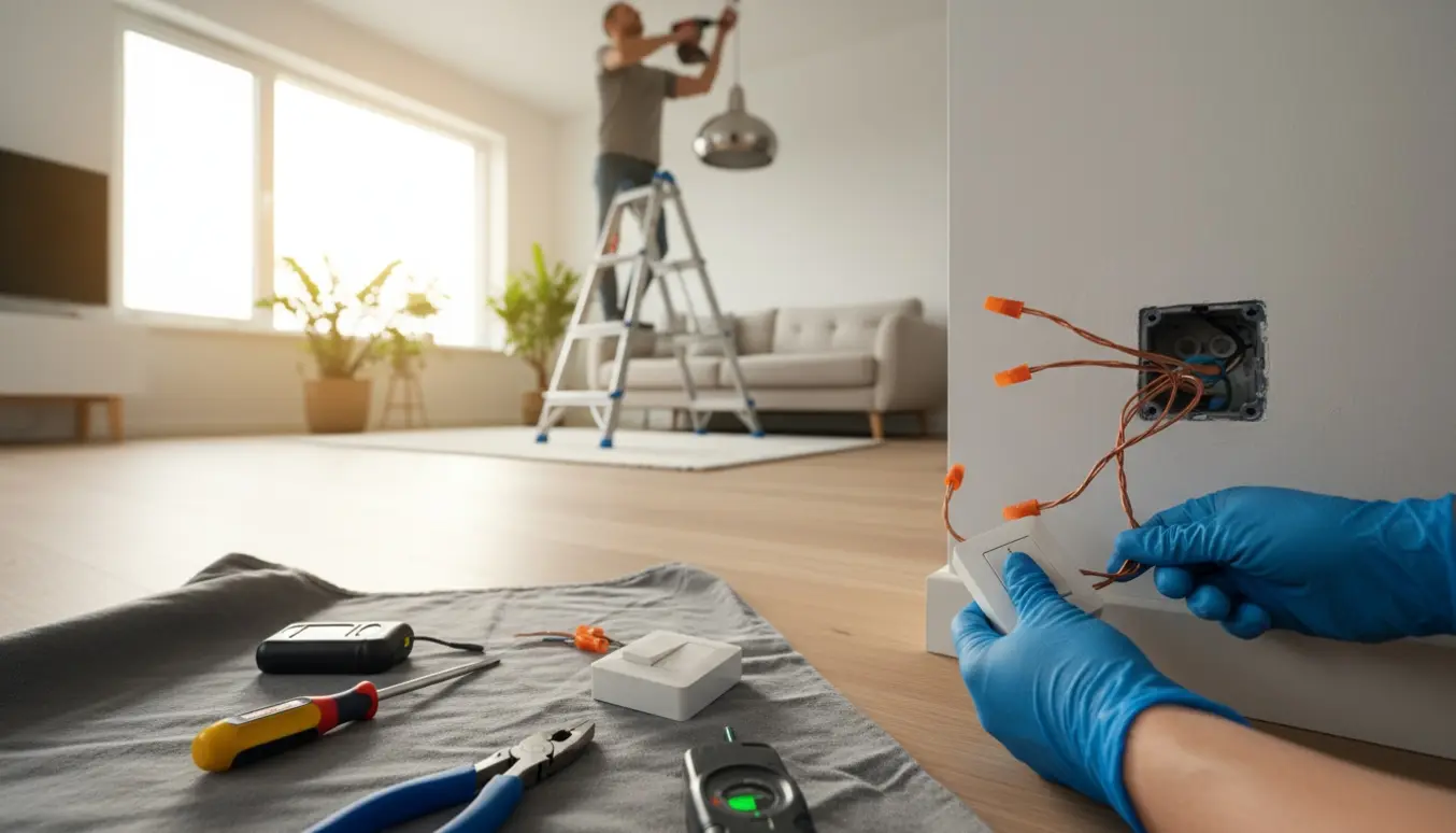 Hænder udskifter en defekt lysdæmper og ophænger en loftslampe i et lyst hjem.