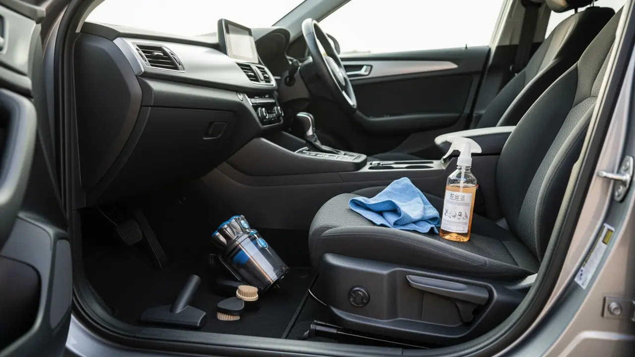 Bilens forsæde med støvsuger, mundstykker, mikrofiberklud og rengøringsmiddel