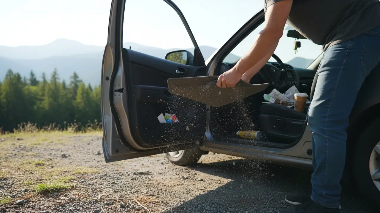 Person ryster en gulvmåtte uden for bilen mens døren er åben