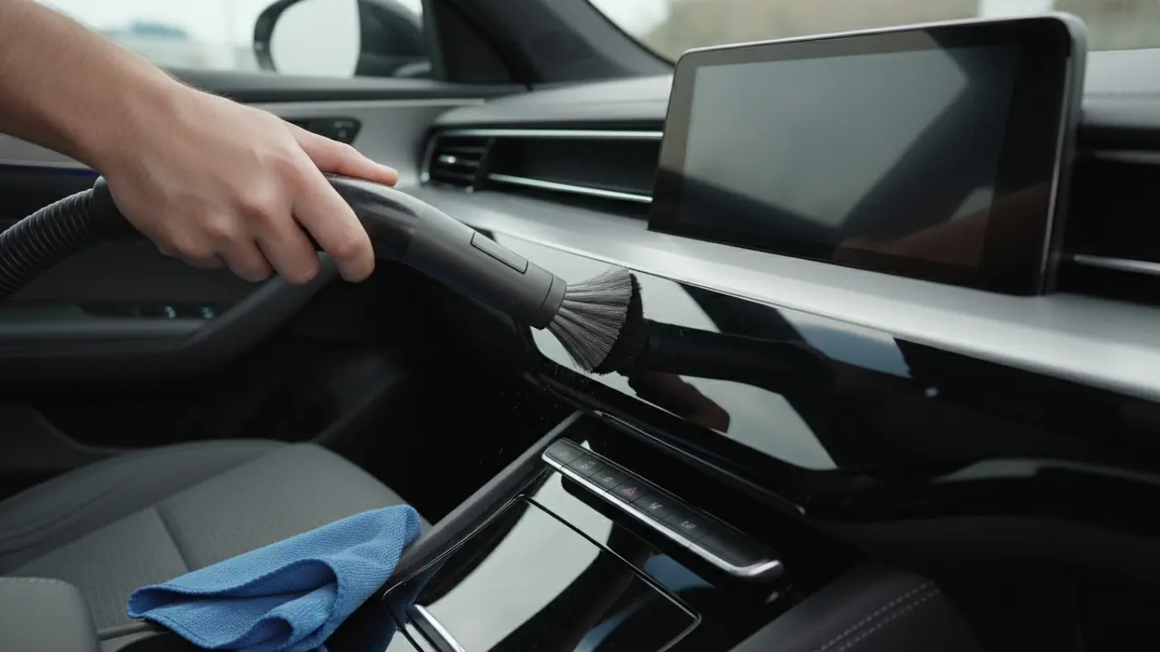 Blødt mundstykke rengør forsigtigt blankt instrumentbræt ved siden af mikrofiberklud