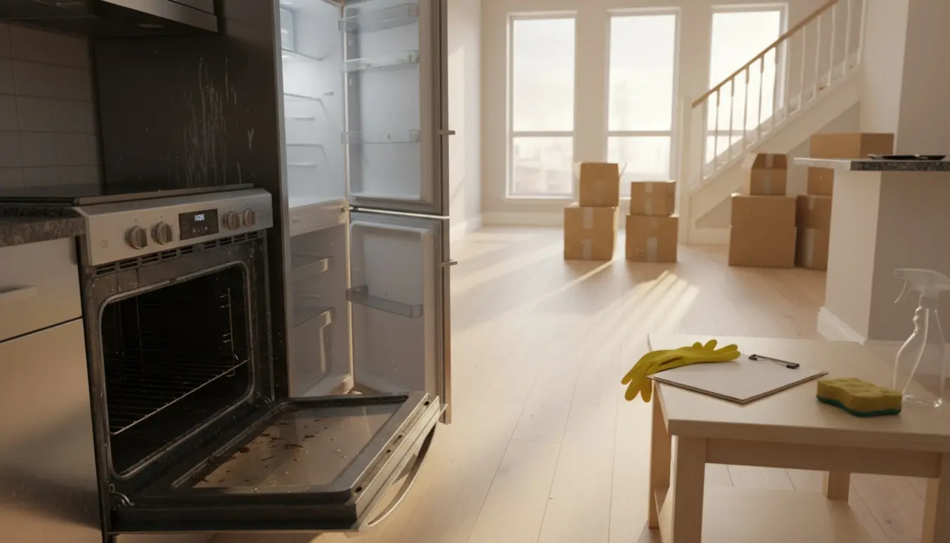 Tom lejlighed ved fraflytning med snavset ovn, fedtet emhætte, åben køleskab og flyttekasser i dagslys.