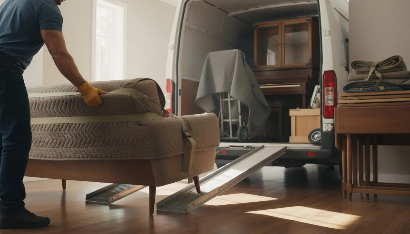 To flyttemænd bærer en indpakket sofa fra en varevogn ind i et lyst hus, ansigter skjult.