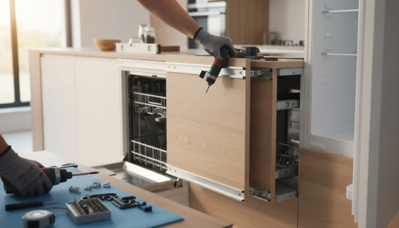 Hænder monterer en køkkenlåge med glidebeslag på et integreret køleskab og opvaskemaskine.