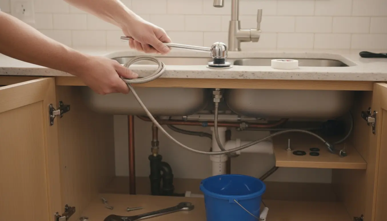 Nærbillede af hænder, der afmonterer en gammel køkkenarmatur og monterer en ny ved en rustfri vask med værktøj og slanger synlige.
