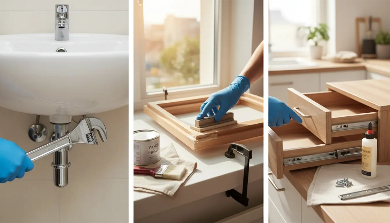 Hænder installerer nyt afløb i håndvask, reparerer en vinduesramme og arbejder på køkkenskuffer i naturligt dagslys.