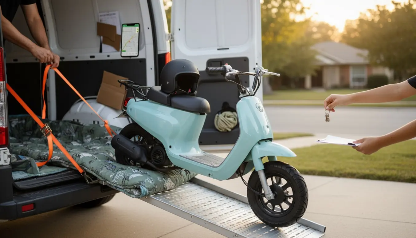 En lille knallert på en rampe ved en varevogn, med nøgler, sikre stropper og hænder klar til aflevering.