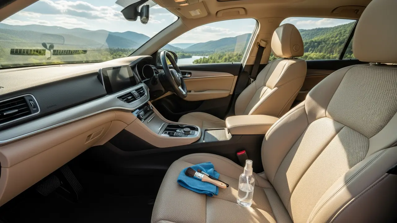 Overskueligt bilinteriør med rene stof- og lædersæder og rengøringsudstyr