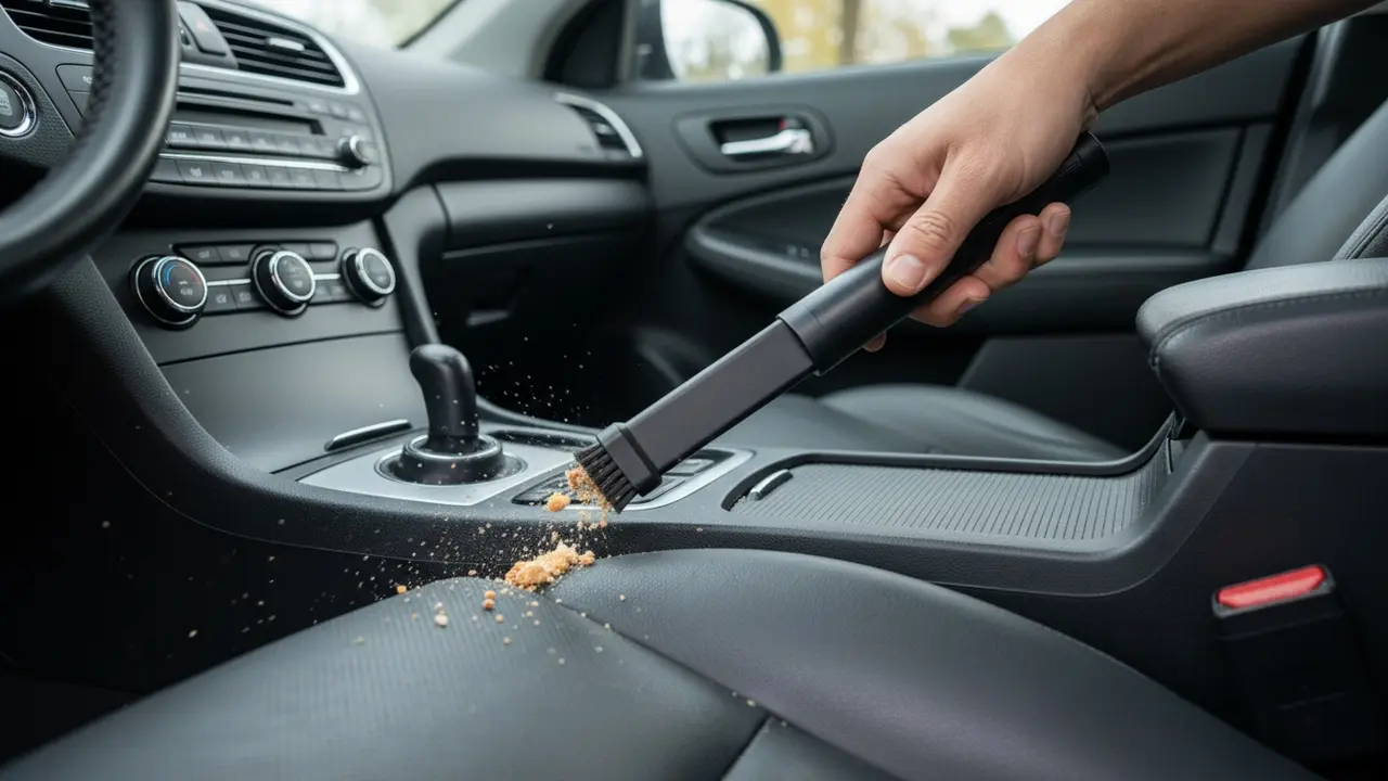 Støvsugerens smalle mundstykke fjerner krummer fra sprækken ved sædet