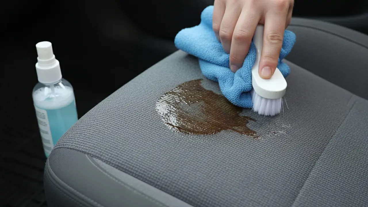 Nærbillede af pletbehandling: mikrofiberklud og børste på en kaffeflok på sædet