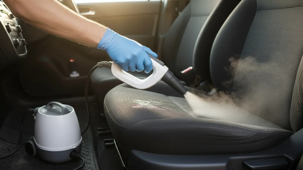 Damprenser i brug på bilsæde med synlig damp og operatørens handsker