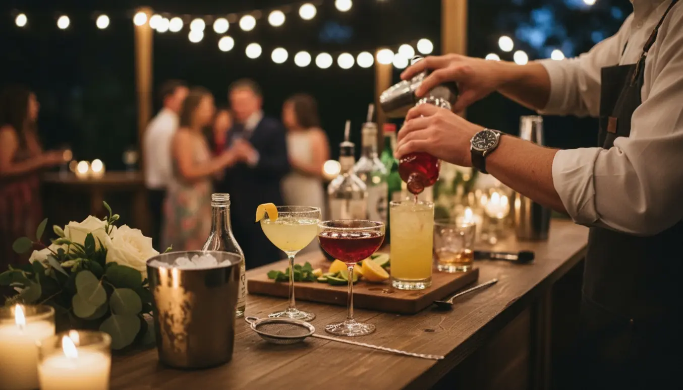 Bartender mikser forskellige cocktails ved en oplyst bryllupsbar om aftenen, kun hænder synlige.