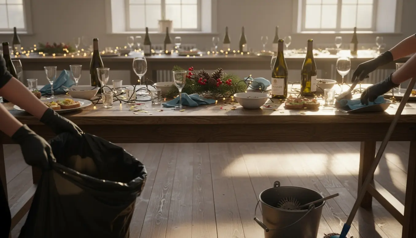 Rengøring af festlokale efter julefrokost med handsker, kost, affaldssæk og moppe i morgensol.