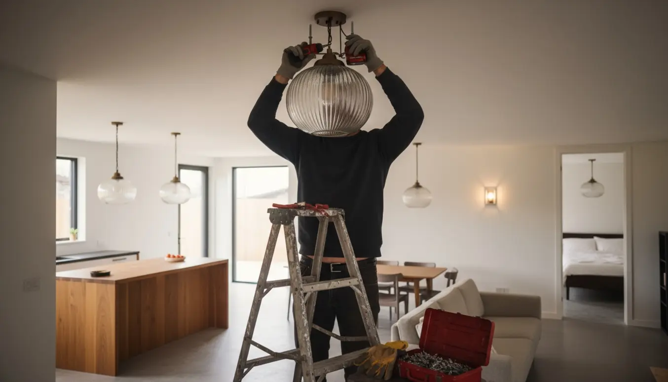Elektriker på stige monterer en tung glasloftslampe i en åben bolig med synlige pendler i køkkenet og væglamper ved sofaen.
