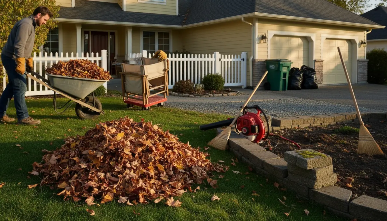Oprydning omkring et hus med fjernelse af blade, fyldte affaldssække og flytning af havemøbler.
