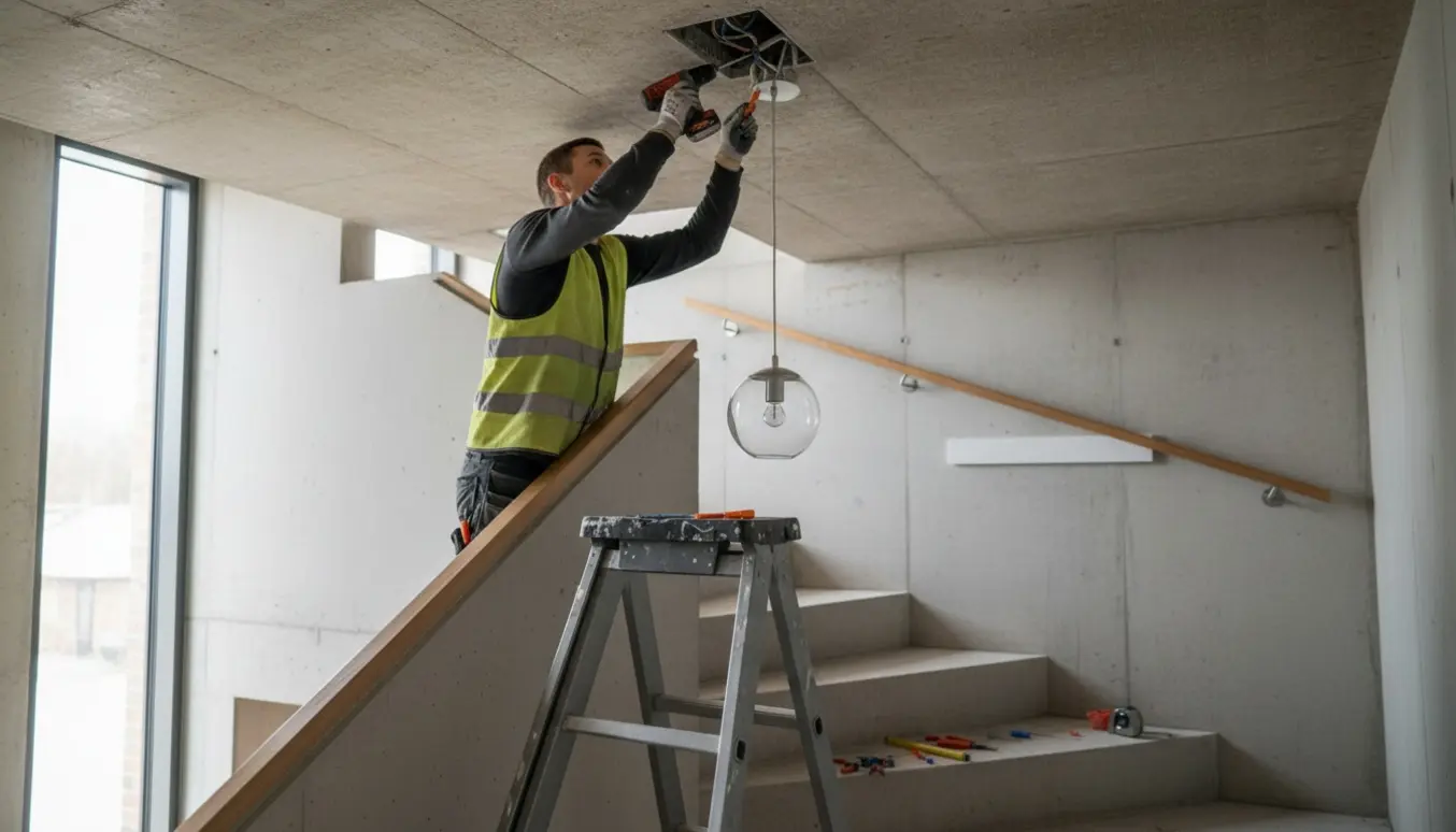 Tekniker på stige monterer en loftlampe over en trappe under et betonloft med kabelskinne og værktøj synligt.
