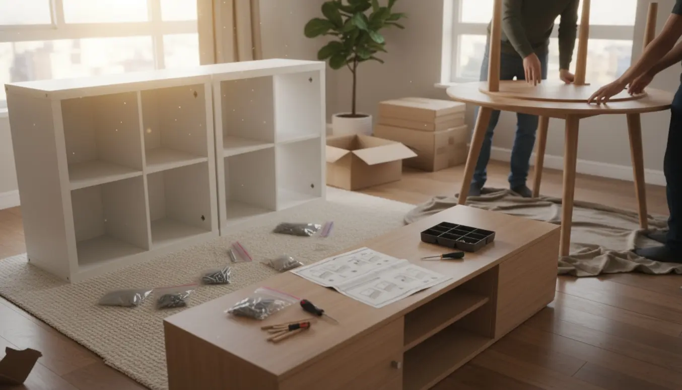 Delvist samlede reoler, et rundt bord og et tv-stativ med værktøj i en lys stue.