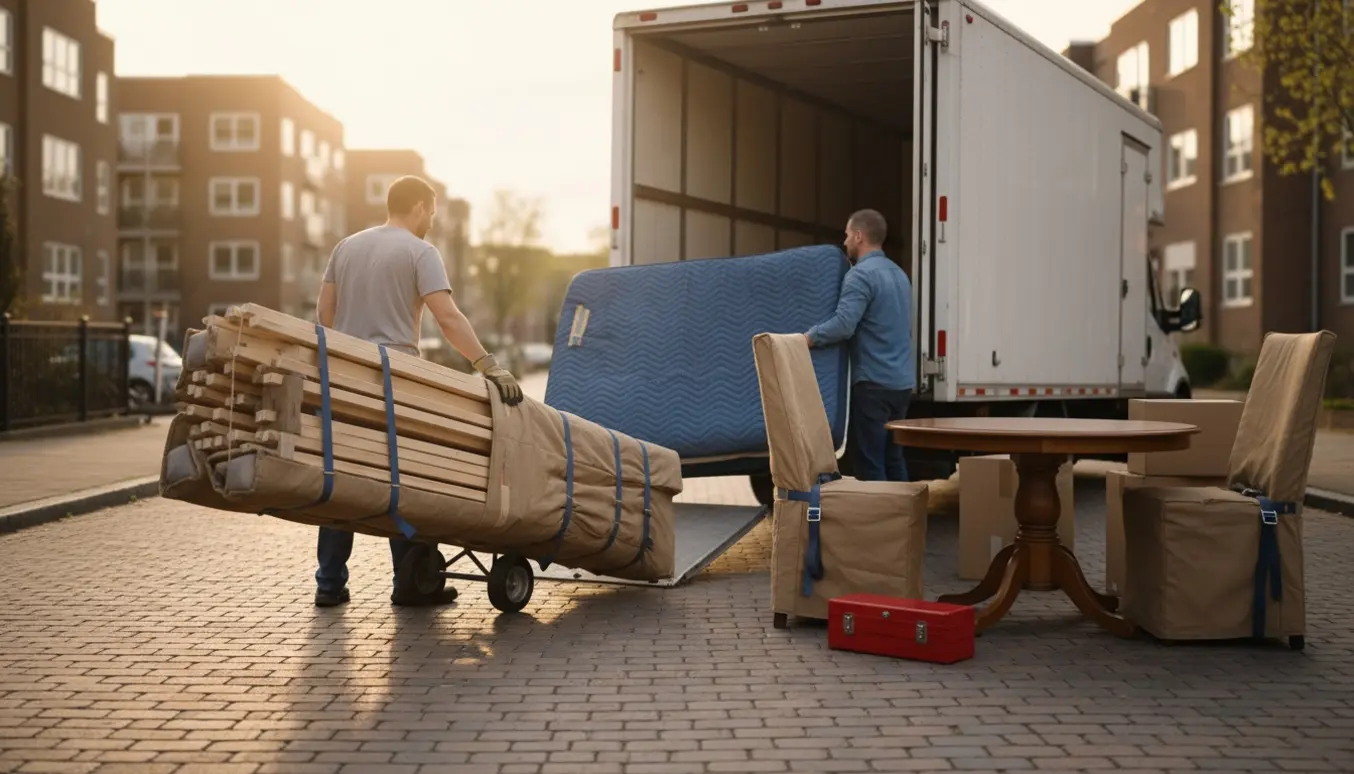 Flyttefolk læsser en usamlet seng, en madras, et rundt bord og to stole i en flyttevogn på en bygade.
