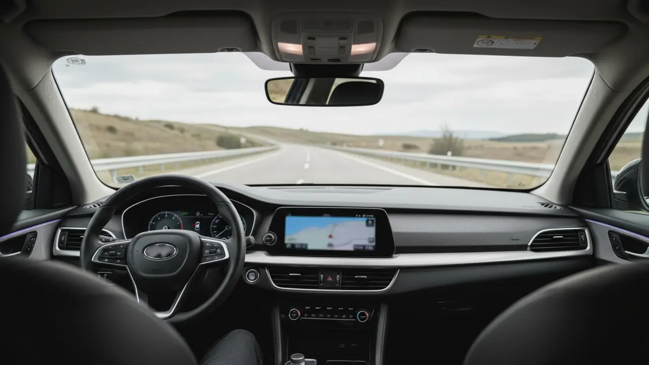 Indvendigt udsyn gennem en helt ren forrude med ryddet instrumentbræt.