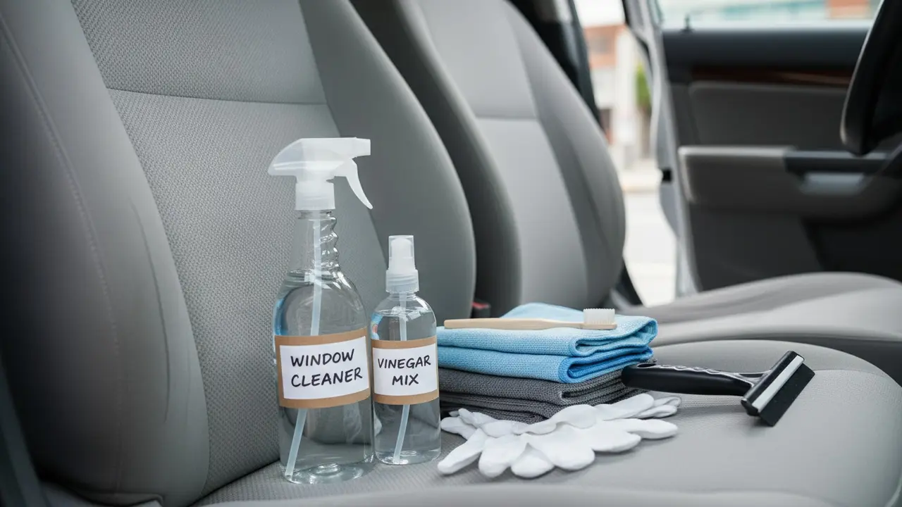 Rengøringsudstyr til indvendig rudepudsning lagt frem på passagersædet.